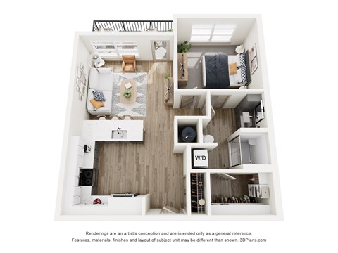 Floor plan for 1 bed, 1 bath, 729 sqft